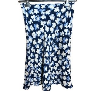 Vintage Escada 100% silk navy blue with white abstract pansies skirt, size 6